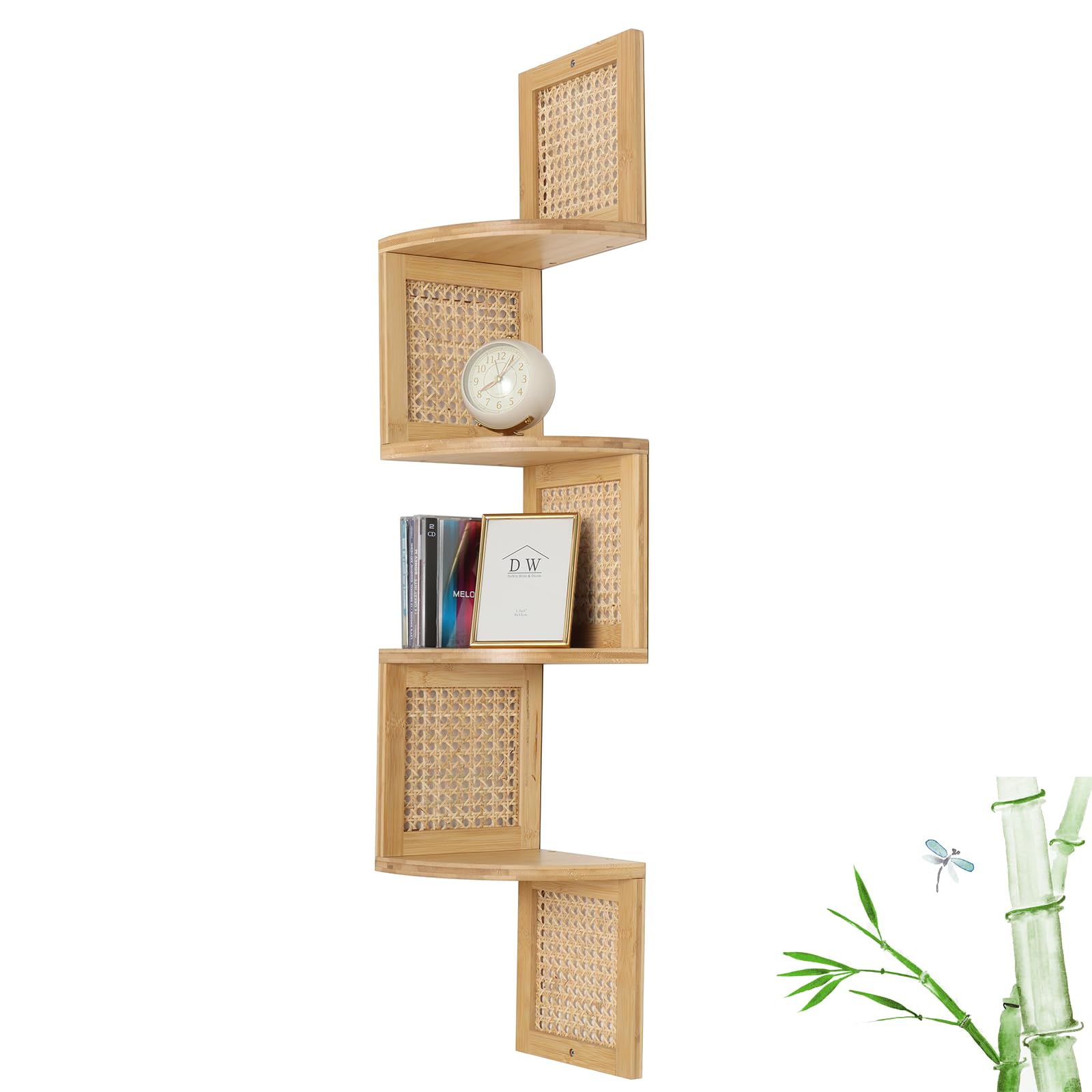 FamilleElement RongFeng Bamboo Corner Shelf 4-Tier Shelf with Bamboo Body Mixed with Natural Rattan Mesh for Wall Storage, Suitable for Bedroom and Living Room (Light Brown)