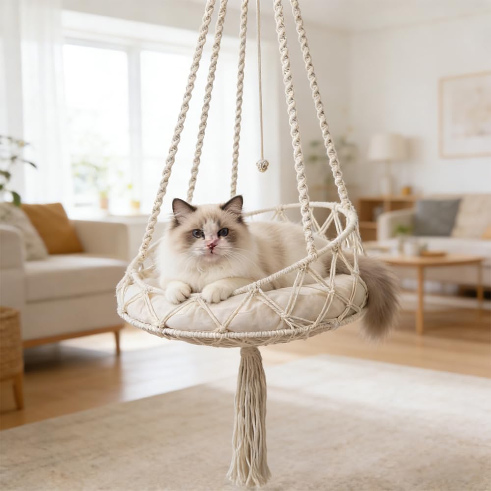 Katzenschaukel, HOVCEH Boho Makramee Katzen Hängematte mit Katzenspielzeug-Stick, 40cm Katzenhängematte Hängen Fenster für Garten, Terrasse, Balkon, Wohnzimmer