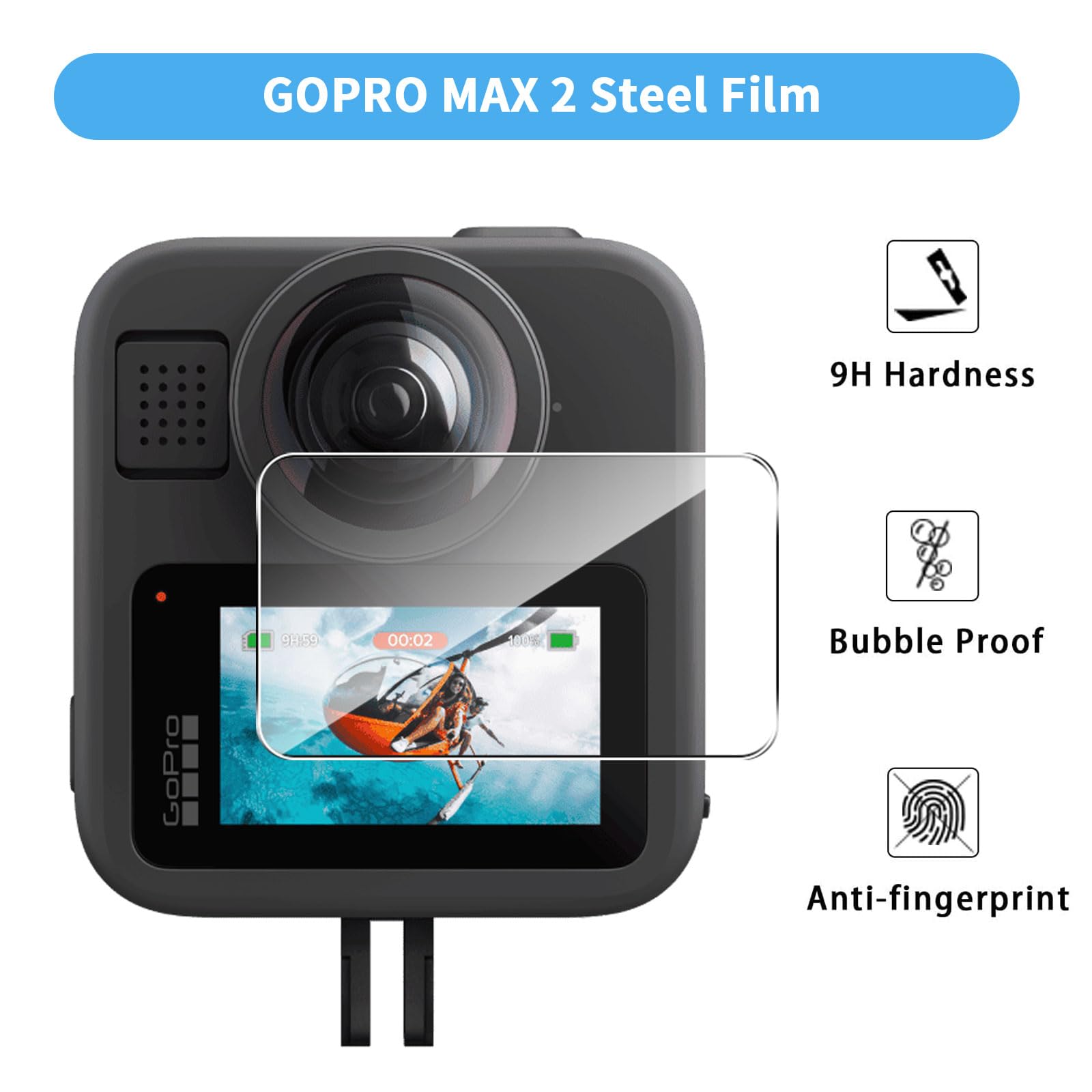 QULLOO Pellicola Protettiva per GoPro MAX 2, 2 Pezzi HD Vetro Temperato Durezza 9H Anti-graffio Schermo Protezione