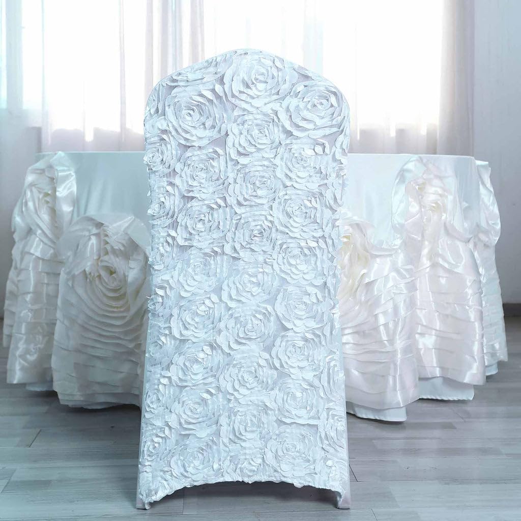 Tableclothsfactory 5 PCS Satin Rosette White Stretch Banquet Spandex Chair Cover Dinning Event Slipcover for Wedding Banquet Catering