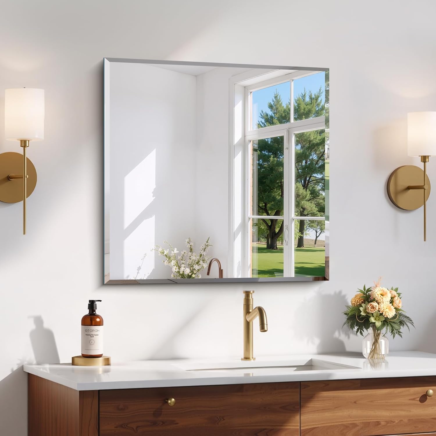 CILIBER Beveled Mirror, 24x24 inch Frameless Bathroom Mirrors for Wall, Upgraded Shatterproof Square Vanity Mirror Over Sink with Beveled Edge for Bathroom, Bedroom, Living Room and Entryway
