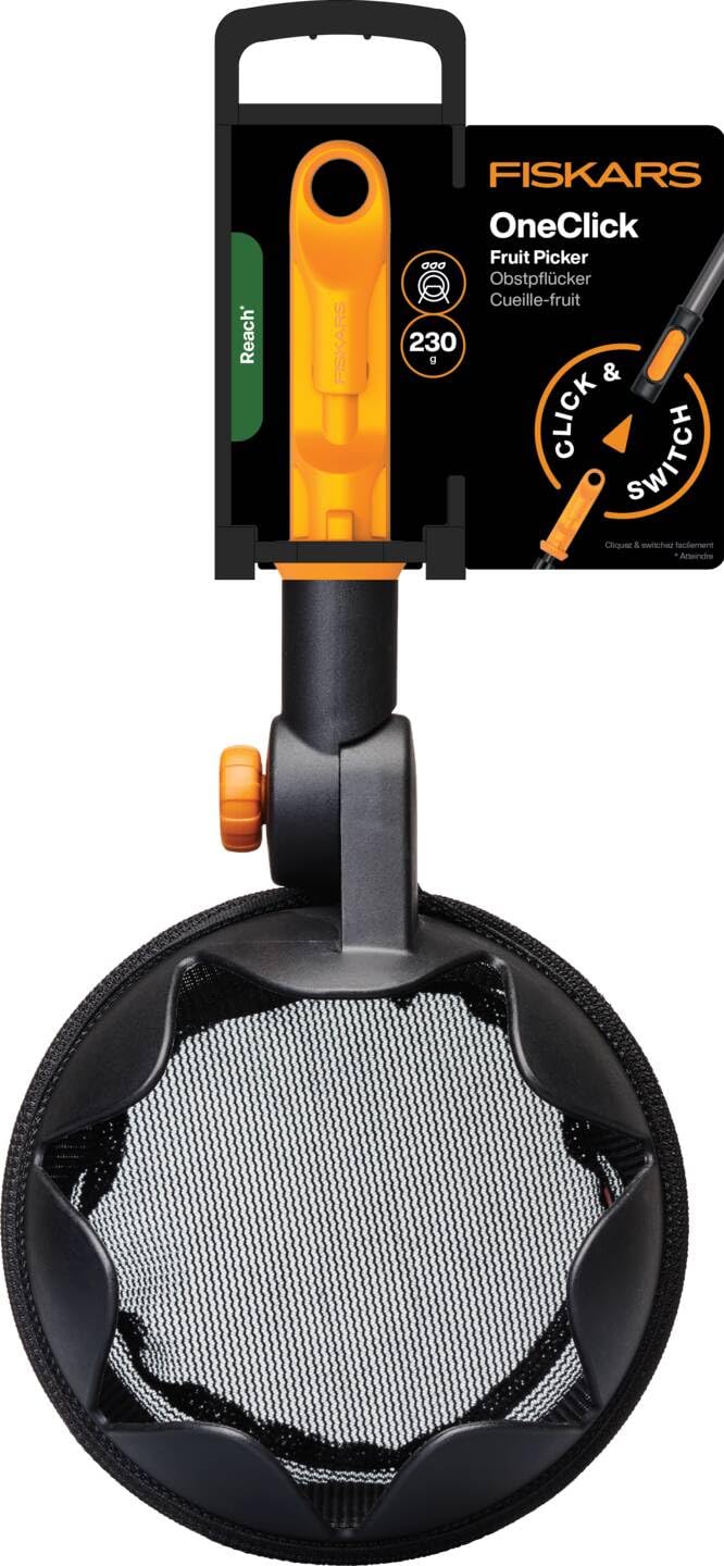 Fiskars OneClick Cueilleur de Fruits, Embout avec Filet Souple, Changement Facile en Un Clic, Lavable en Machine, Noir/Orange, 1080692