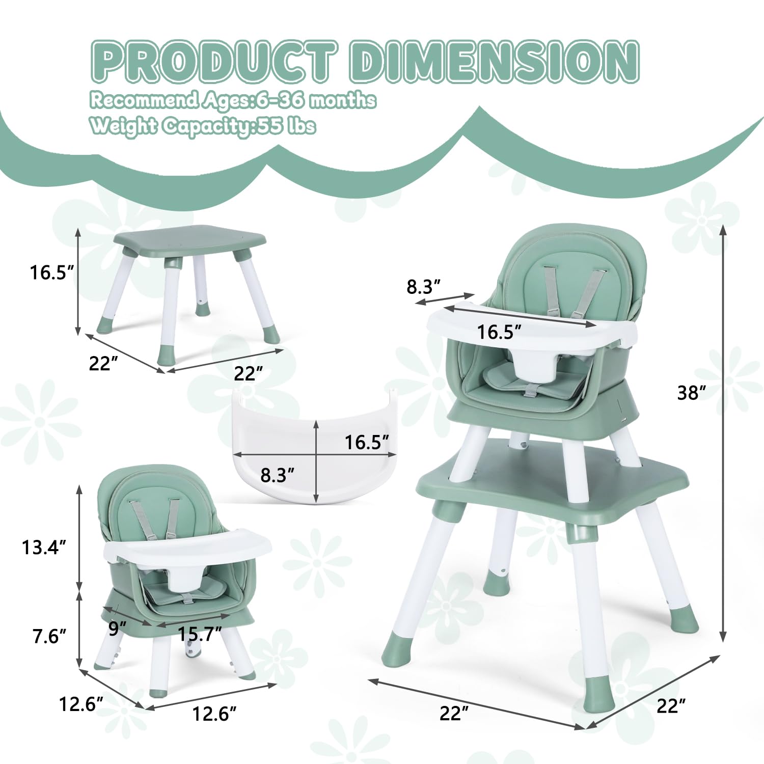 Kinder King 8 in 1 Baby High Chair, Coverts to Dining Booster Seat/Kids Table & Chair Set/Toddler Building Block Table/Kids Stool, Removable Tray & Double Seat Cover, Easy to Wipe, Green & White