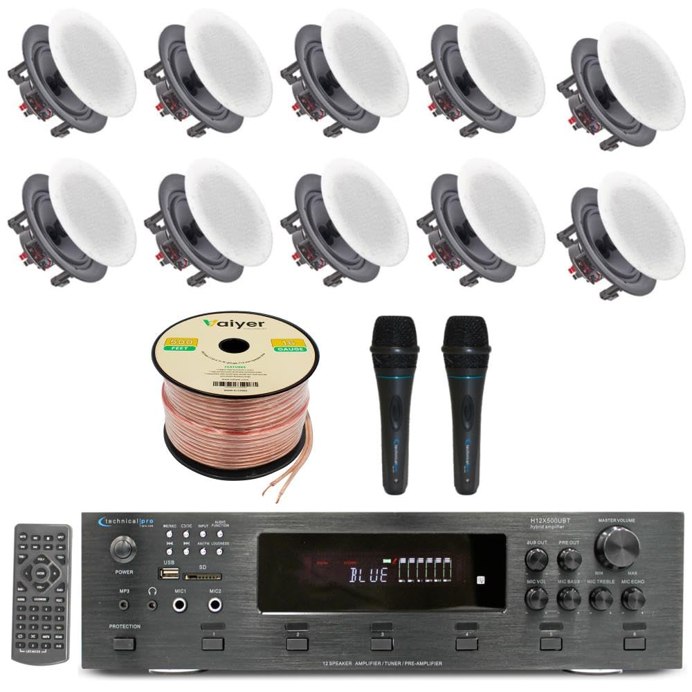Home Stereo System Kit - 6 Channel 6000 W Bluetooth Amplifier w/ 10 Qty of 5.25" Frameless in-Wall in-Ceiling Speakers 175W Each, 2 Qty of Wired Mic, 500 ft Speaker Wire &amp; Remote by Technical Pro
