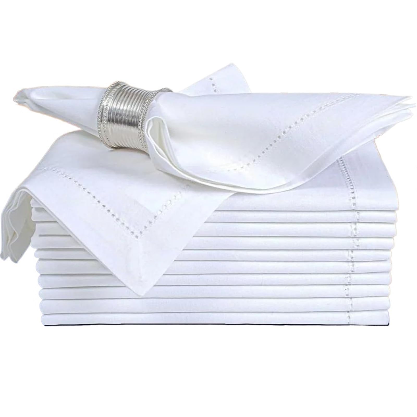 serviettes napkins Set of 6 Hemstitched Linen Napkins Chistmas Cloth Nature Color Dinner Washable Flax Napkin for dining wedding party everyday home(White 45x45cm)