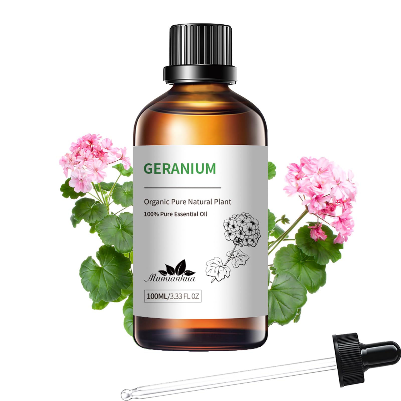 Mumianhua 100% Pure Geranium Essential Oil Natural Geranium Oil for Skin, Diffuser, Massages, DIY, Skin, Hair, Bath, Aromatherapy, Soap Making, Candle Making 3.38 Fl oz
