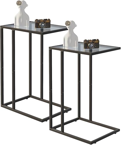 Easy Paws Juego de 2 mesas auxiliares en forma de C, mesa auxiliar de vidrio templado con marco de metal, mesa auxiliar para sofá, estilo moderno,