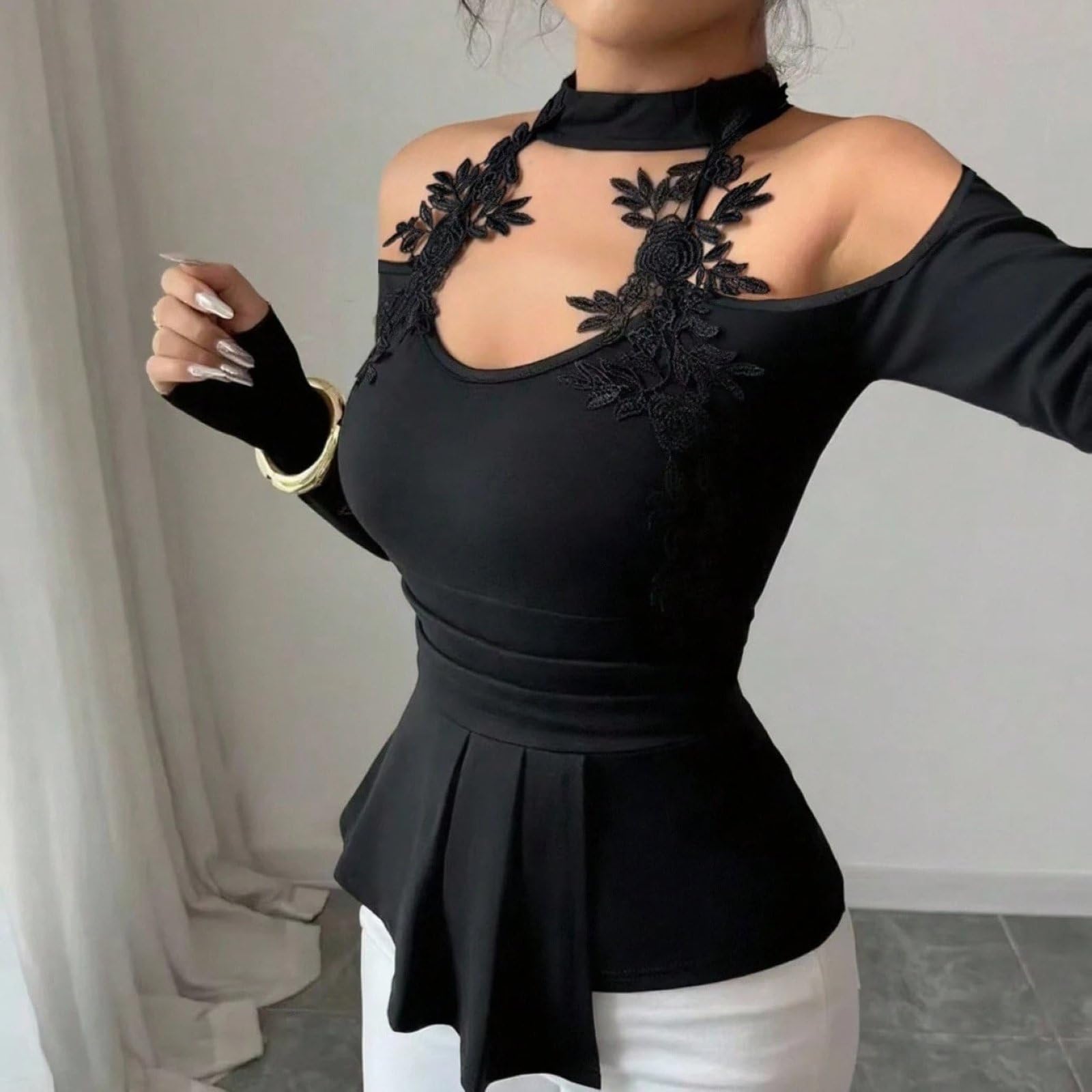 Top Court À Épaules Dénudées Pour Femme Manches Longues Découpe Ajourée Ourlet Plissé Mode Concert