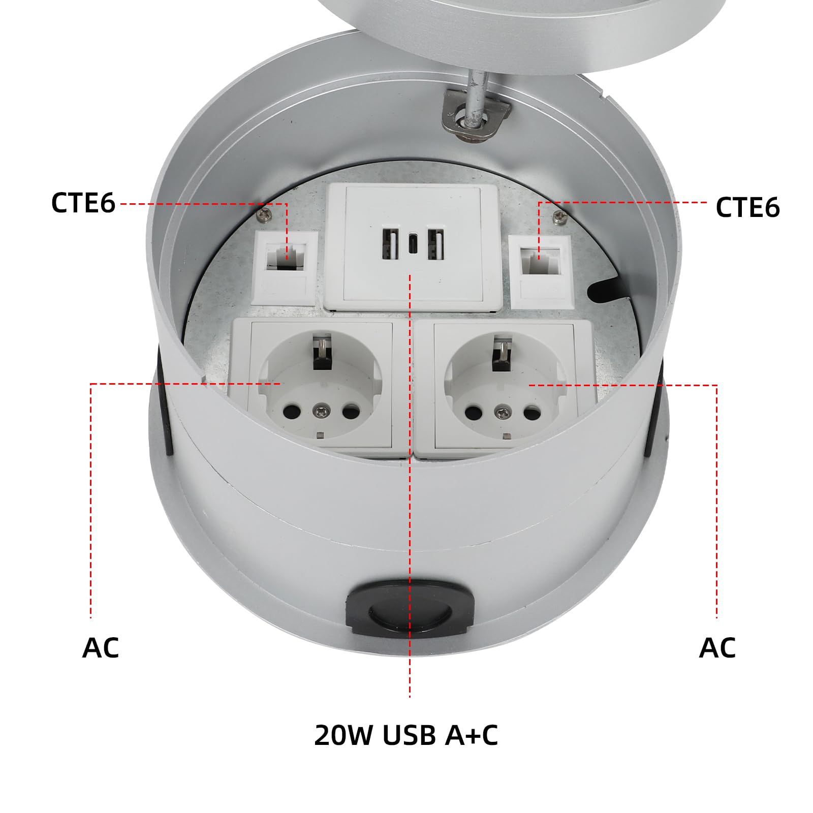 Presa da incasso in acciaio inox rotonda con copertura, presa da incasso a terra con 2 Schuko, 1 porta USB-A, 1 porta USB-C, 1 tipo C, 2 CTE6 per casa, hotel, scuola, ufficio, rete