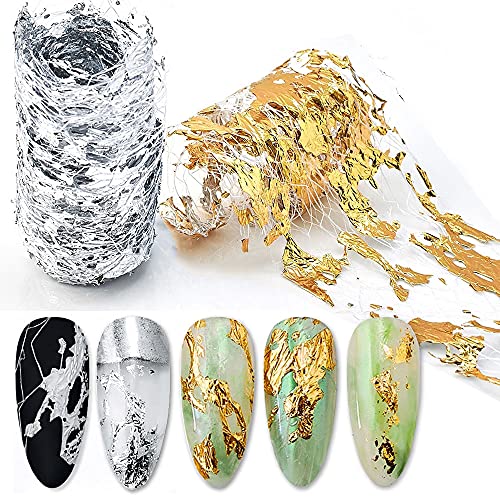 Gold Silver Aluminum Foils Nail Stickers, 3D Irregular Mesh Design Flakes Nail Art Stickers Glitter Line Nail Accessories Nail Art Decal Wraps Slider Manicure DIY Decoration