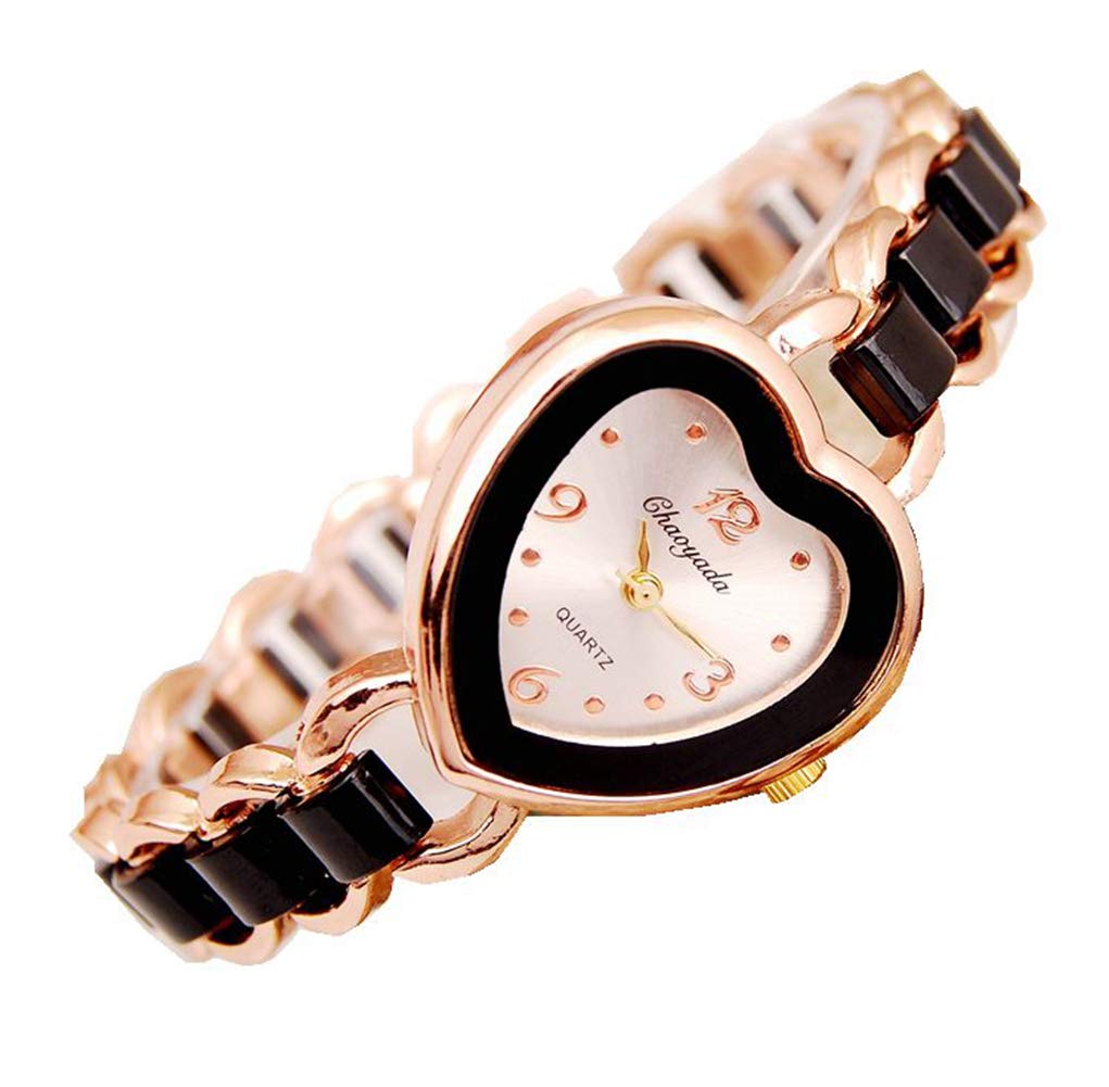 ZIMI Elegant Heart Shaped Ladies Women's Bracelet Watch Dress Casual Quartz Rose Gold Wrist Watches for Women (Black)