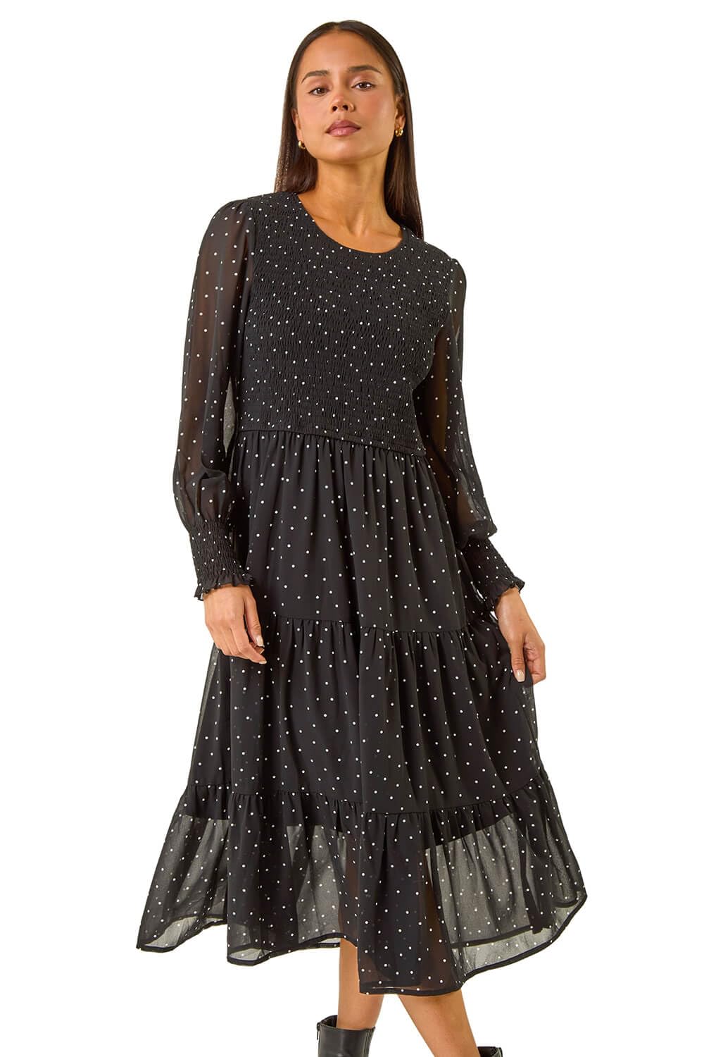 Roman Petite Spot Print Dress for Women UK - Ladies Everyday Autumn Winter Round Neckline Comfy Soft Evening Vacation Work Party Night Out - Petite Black - Size 14