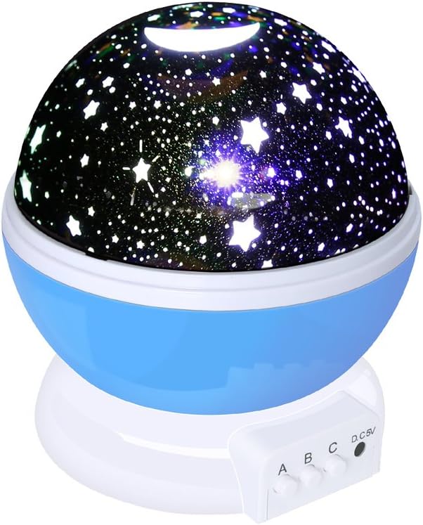 HELLO WORLD LED Projector Lamp 360 Degree Romantic Rotating Cosmos Moon Star LED Night Light 4 LED Beams Starry Lighting with 4 Different Domes for Baby Nursery Bedroom and Christmas Gift (Blue)