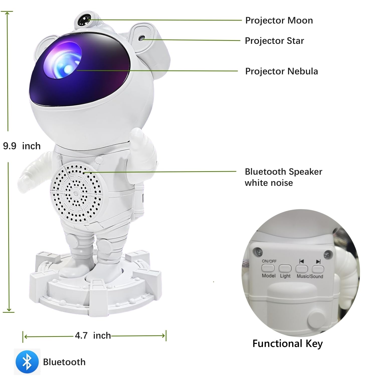 Proiettore Galaxy Astronauta, altoparlante musicale Bluetooth, sonno rumore bianco, cambio colore regolabile a 360° con telecomando e timer, luce notturna per bambini e adulti, scelta regalo