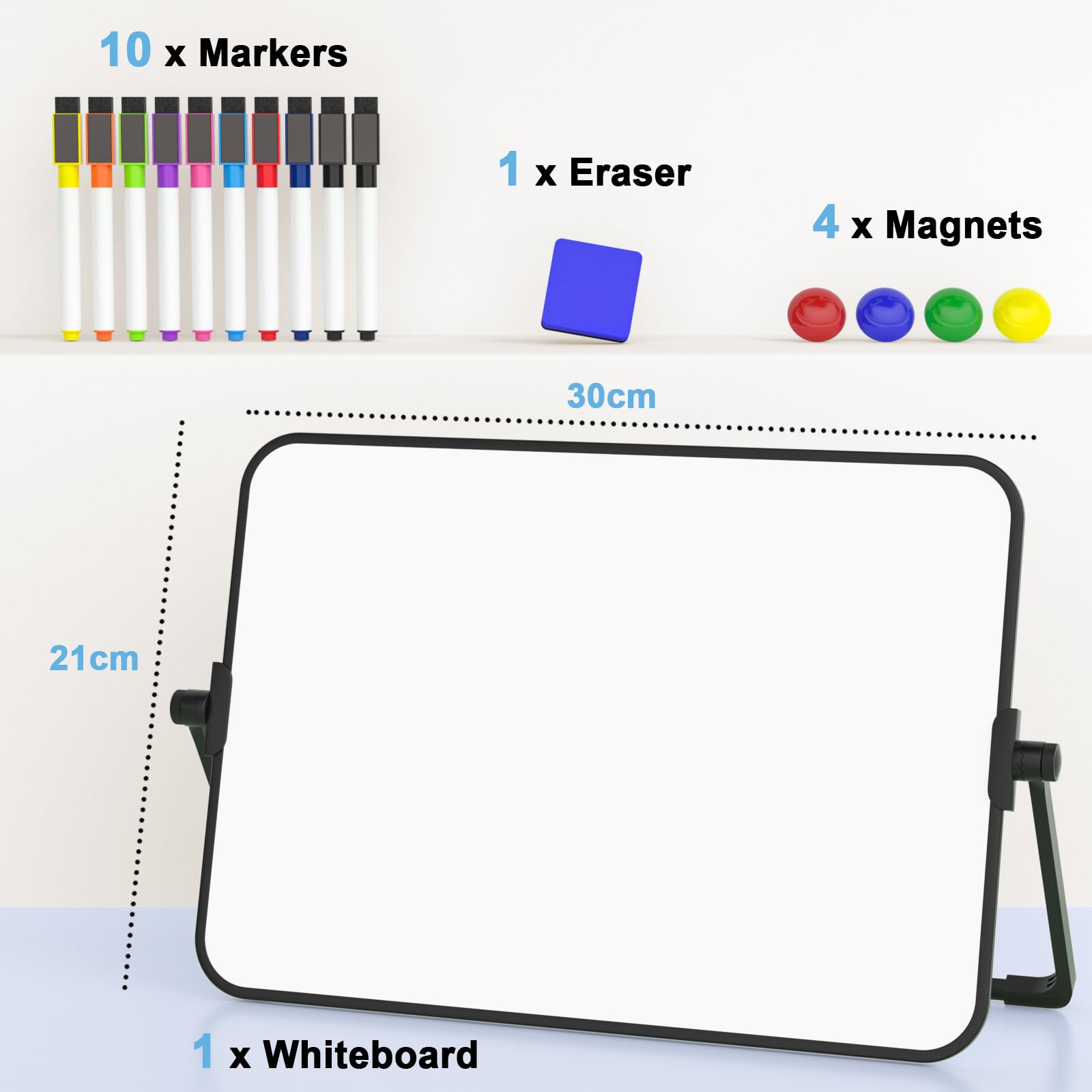 Nicpro Dry Erase Whiteboard A4 with Stand, 21 x 30 cm Double Sided Magnetic Desktop White Board with 10 Pens, 4 Magnets - Image 3