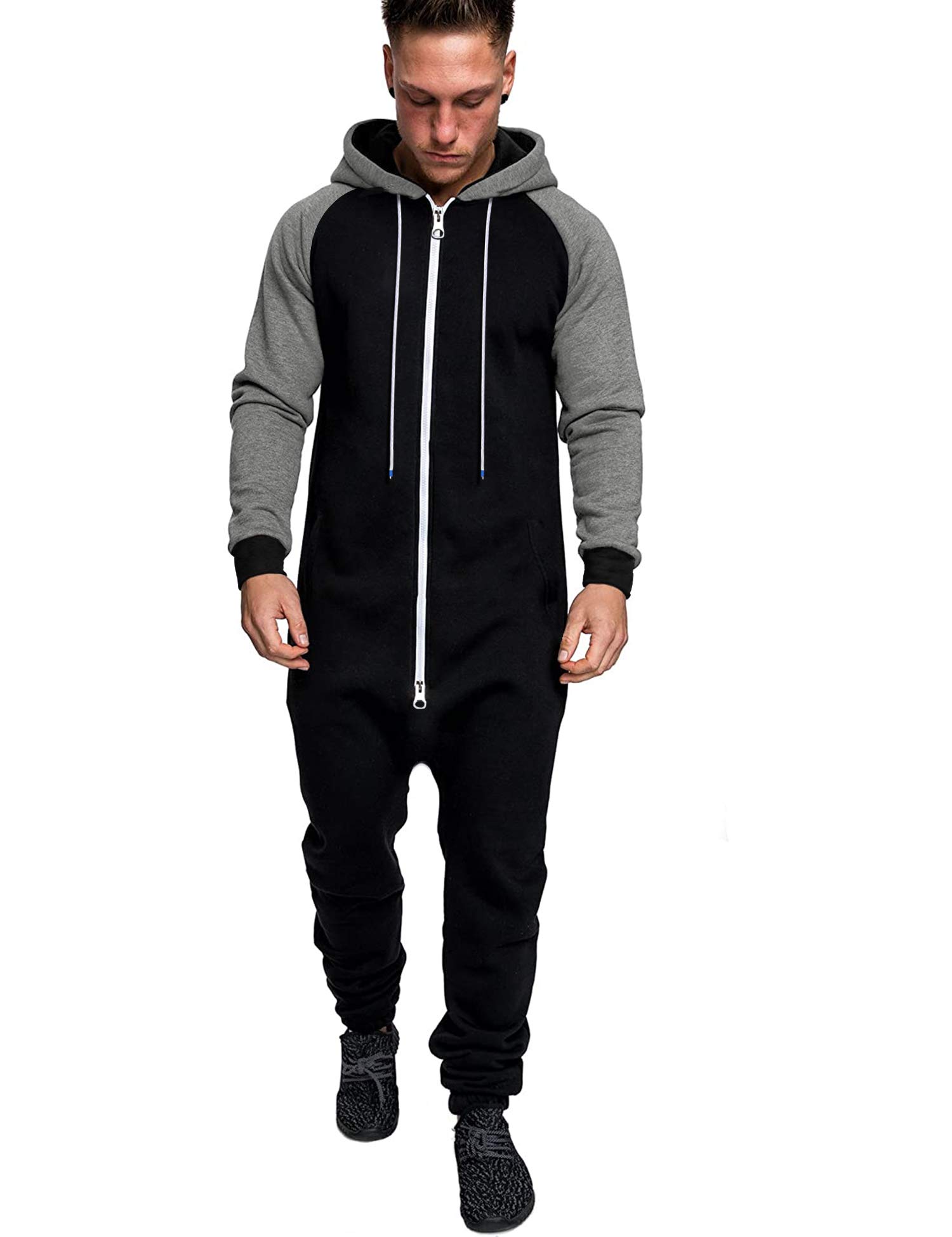 COOFANDY Mens Jumpsuit Onesie Rompers Drawstring Hooded Full Zip One Piece Tracksuit with Pockets, Black / Grey, XX-Large-picture-25