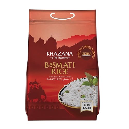 Khazana Arroz Basmati ultra largo de alta calidad bolsa resellable con cremallera de 10 libras aromático envejecido sabroso grano auténtico de la