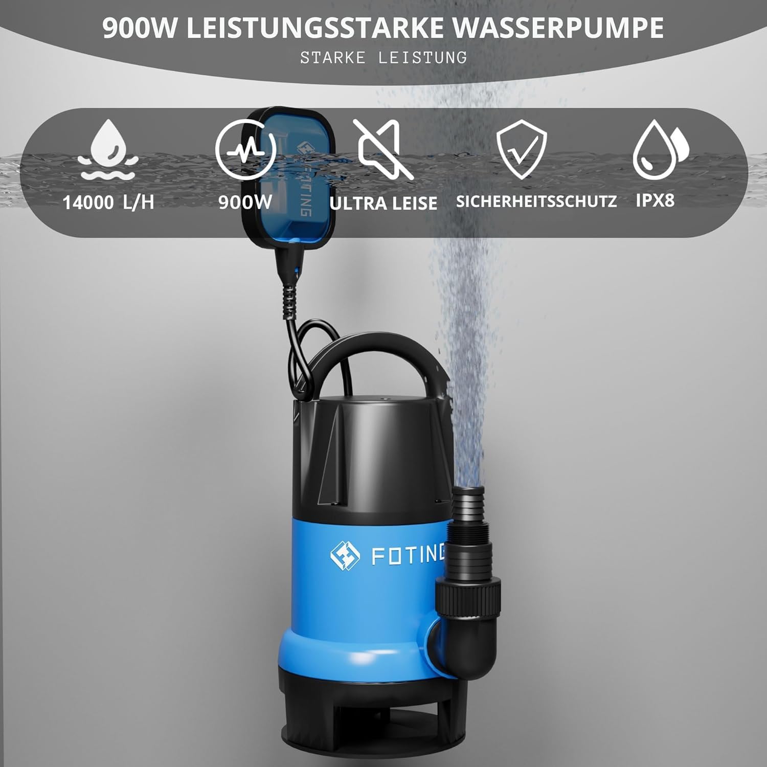 FOTING Pompe d’évacuation eaux chargées, 900W, 14000L/h, Hauteur de refoulement max: 8,5m, Immersion max: 7m, Taille particules max: 35mm, Pompe à suceur Automatique 1.21HP avec Interrupteur Flottant