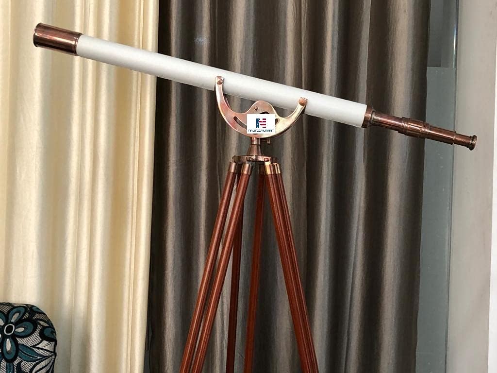 Nautical-Mart Floor Standing Copper Antique with White Leather Anchormaster Telescope 65"