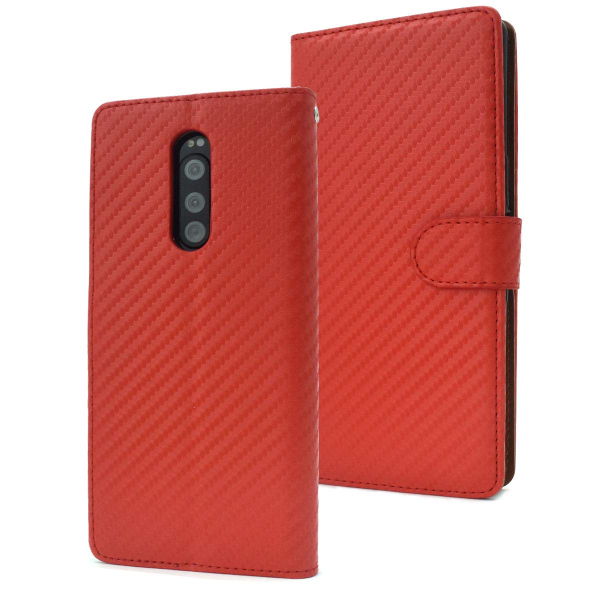 プラタ Plata Xperia 1 (SO-03L / SOV40 / 802SO) Folio Case, Carbon Design, PU Leather, Stand, Card Pockets, Red