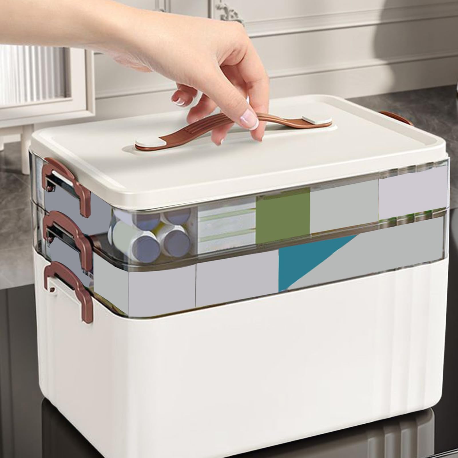 Caja de medicamentos multicapa, varios niveles, asa de soporte, contenedor transparente de gran capacidad, perfecto para camping, viajes, hogar, oficina, almacenamiento médico, píldoras, tabletas