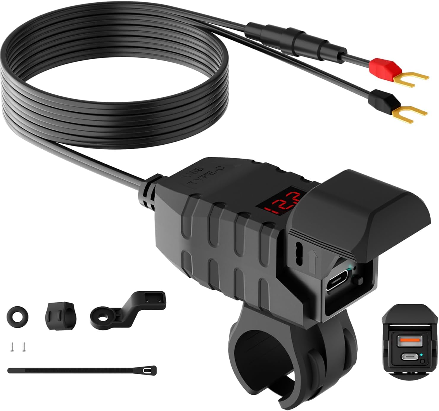 Motorcycle USB Charger, Dual USB Type C 30W PD & QC 3.0 Motorcycle Phone Charger with Voltmeter & ON/Off Switch, Waterproof ATV/Motorcycle/Dirt Bike Charger for Phone, Tablet, GPS...