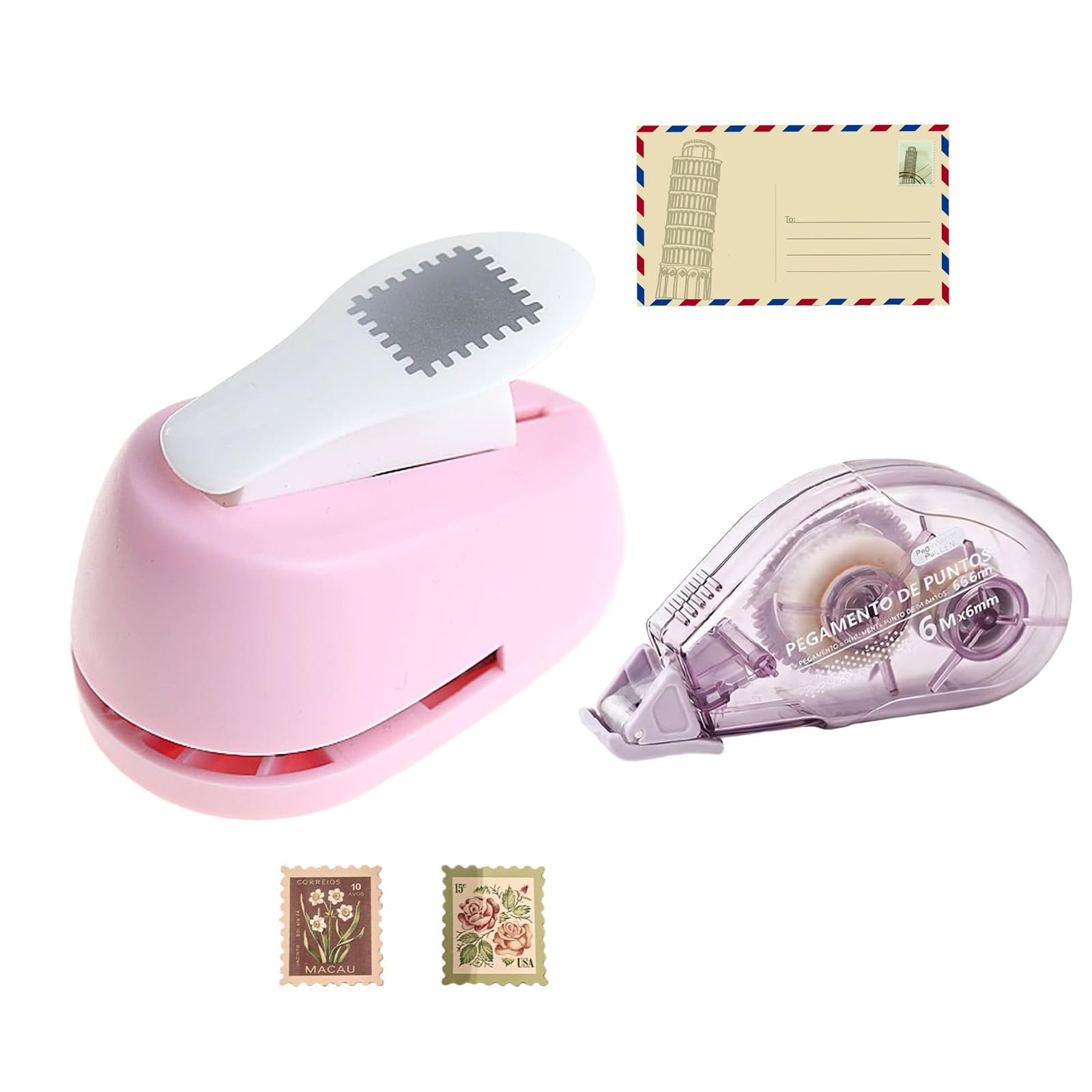 Pink Stamp Puncher, Postage Stamp Punch with Double-Sided Adhesive Tape, Craft Scrapbooking Tool for DIY Card Making, Junk Journal Stamp Cutter, Art Project Suppliesl,0.78in*0.59in-image-31
