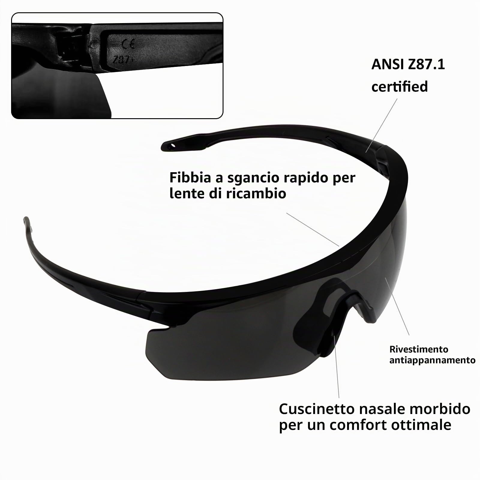 Occhiali Sportivi ANSI Z87.1, Occhiali da Tiro, Occhiali da Sole Antiappannamento con 3 Lenti per Uomo Donna Ciclismo, Escursionismo, Corsa (Nero)
