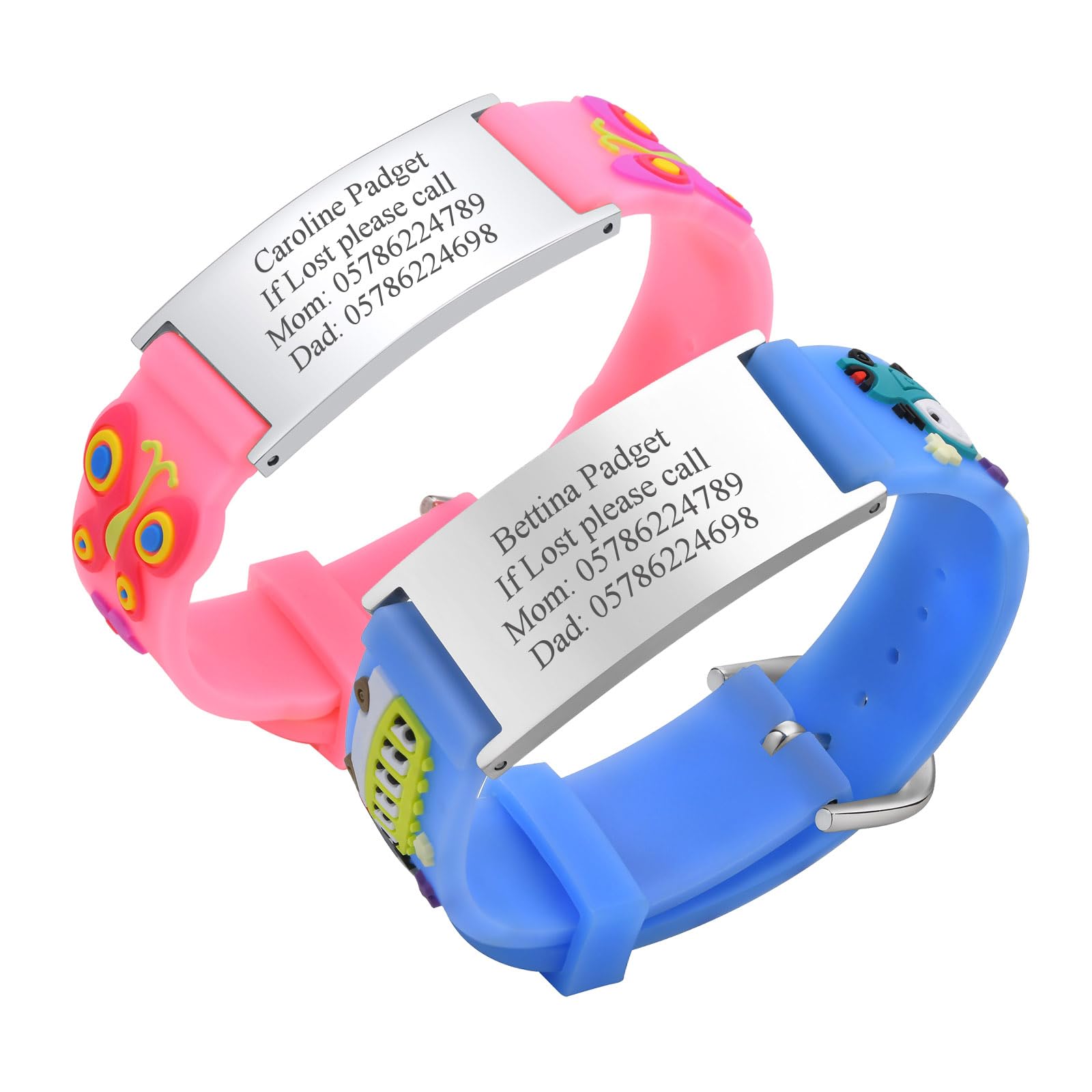 Personalised Safety ID Wristbands for Kids - Pack of 2 Customised Pink and Blue Cartoon Silicone Strap Wristband, Free Engraving Child Anti-Lost Safety ID Bracelets for Kid Girls Boys Toddler — image 1