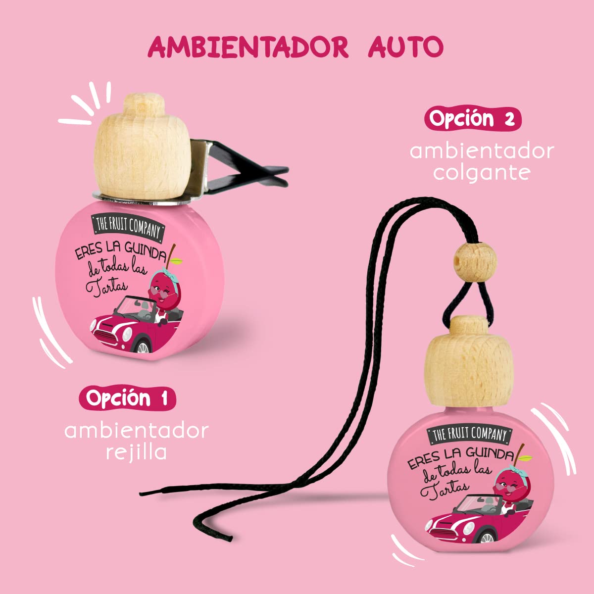 Pack de 3 Ambientadores Coche 2en1 The Fruit Company | Aroma Frutal, Absorbe Olores, Sin Alcohol, Extractos Naturales | Rejilla o Colgante | Larga Duración +45 Días (CEREZA)