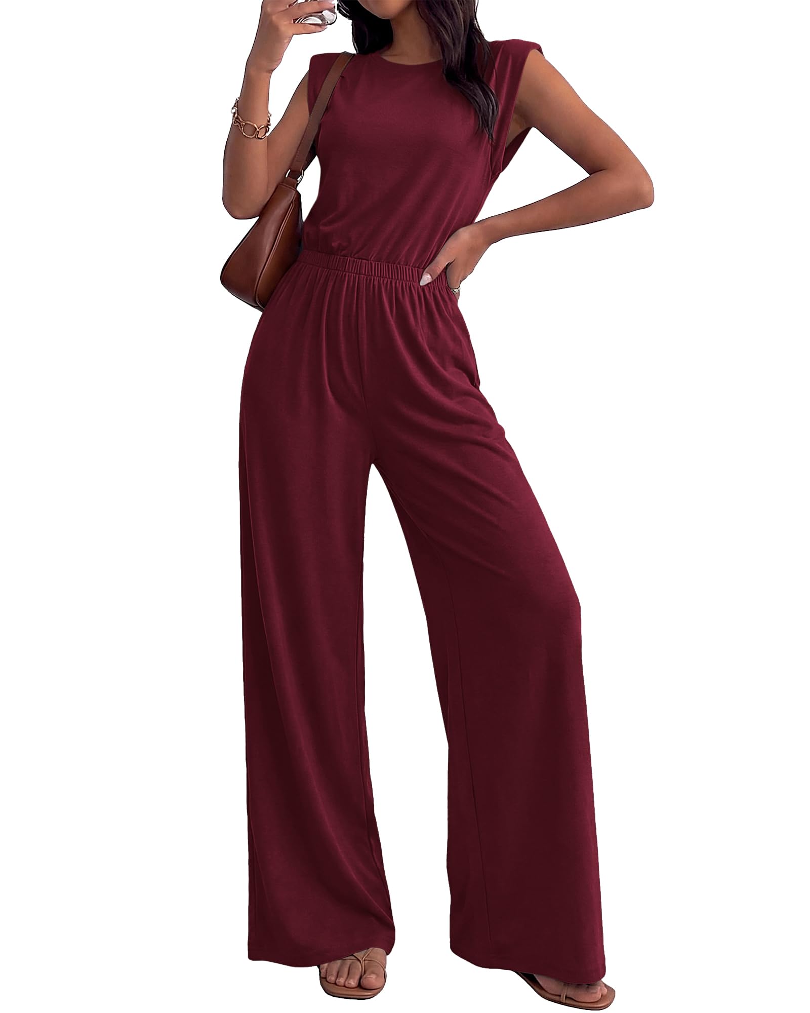 2 Piece Sets for Women Spring 2026 Casual Shoulder Pad Tank Top Wide Leg Pants Matching Set Travel Airport Outfits-image-27