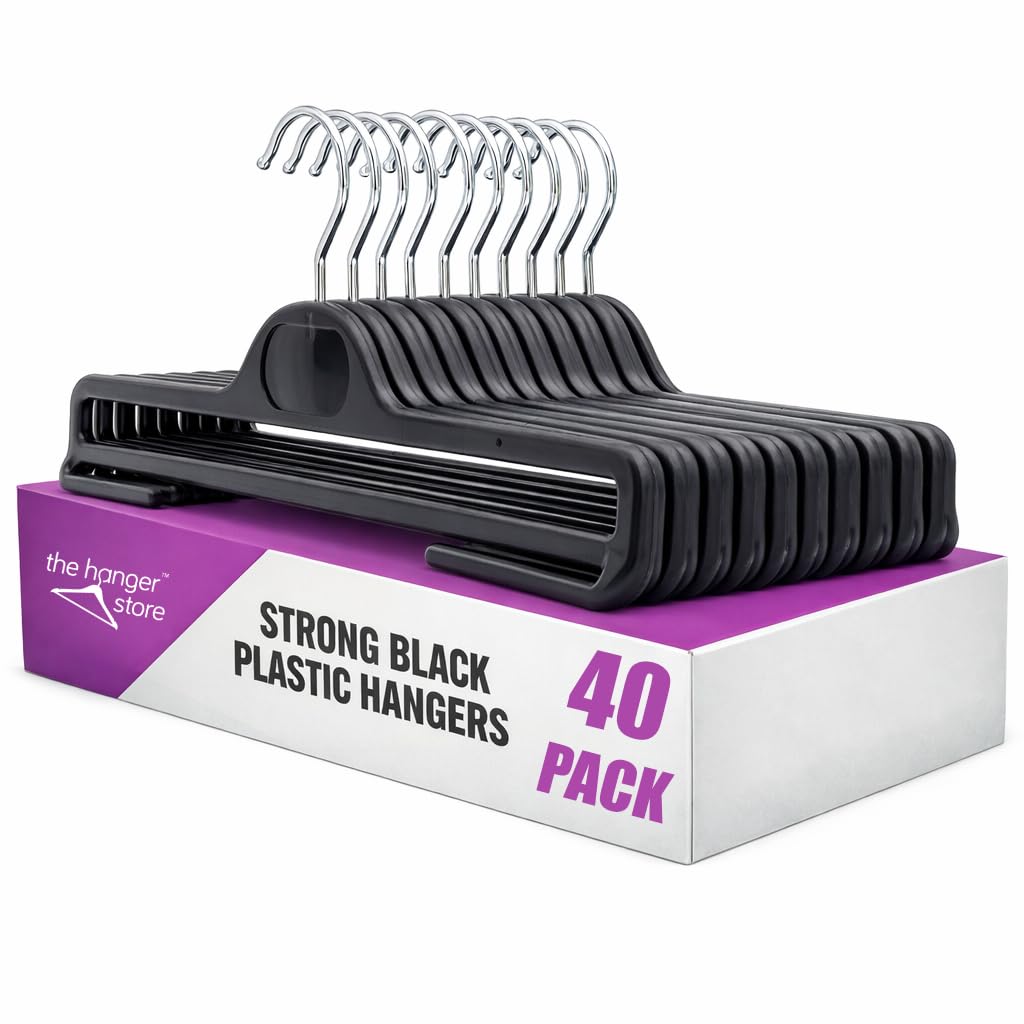 The Hanger Store 40 Black Plastic Coat Hangers with Bar for Trousers-Choose Pack Size & Colour