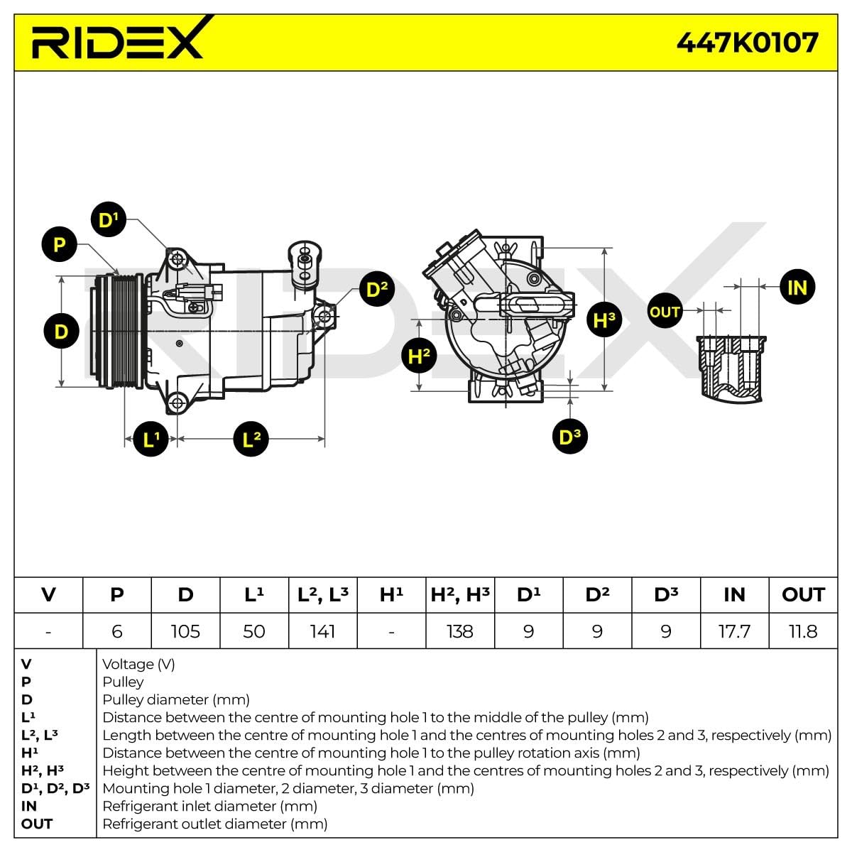 RIDEX 447K0107 Compressore aria condizionata con olio compressore-PAG con innesto elettromagnetico senza diodo