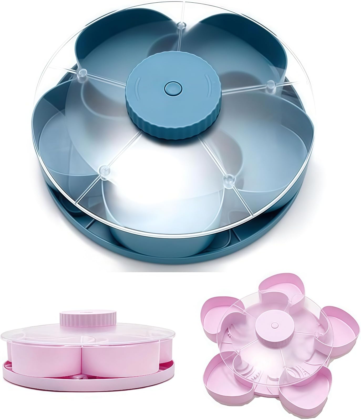Divided Spin & Snack Serving Tray,5 Compartment Rotating Party Platter, Rotating Snack Box Container with Lid,Covered Snack Storage for Chips Nuts Dips Veggies,for Kitchen,Travel and Picnic