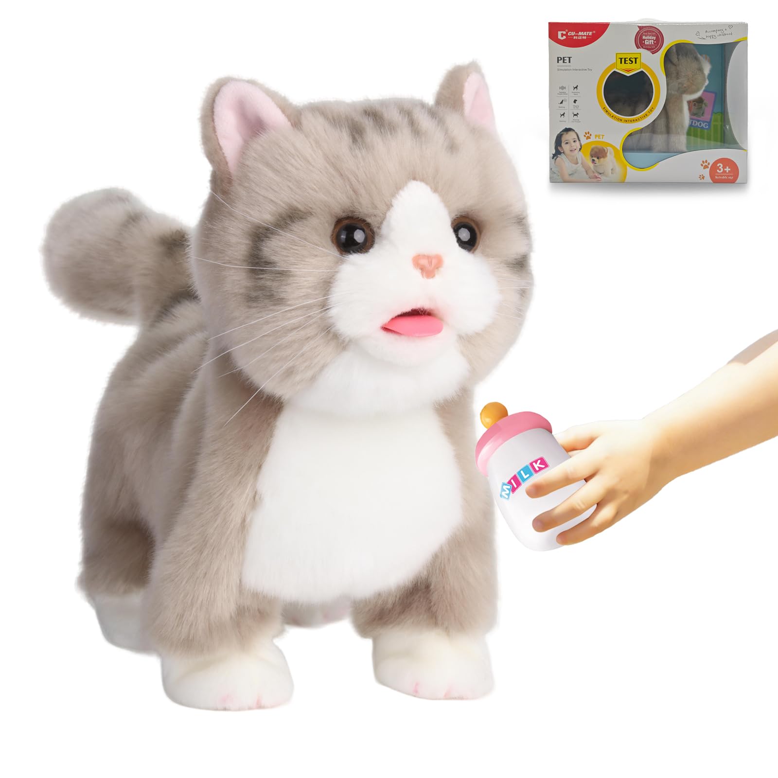 CU-MATE Electronic Walking Cats Dog, Realistic Interactive Pet Toy, Walking, Barking,Wagging Tail & Talking, Gifts for Boys and Girls (Electric Silver British Shorthair Cat)