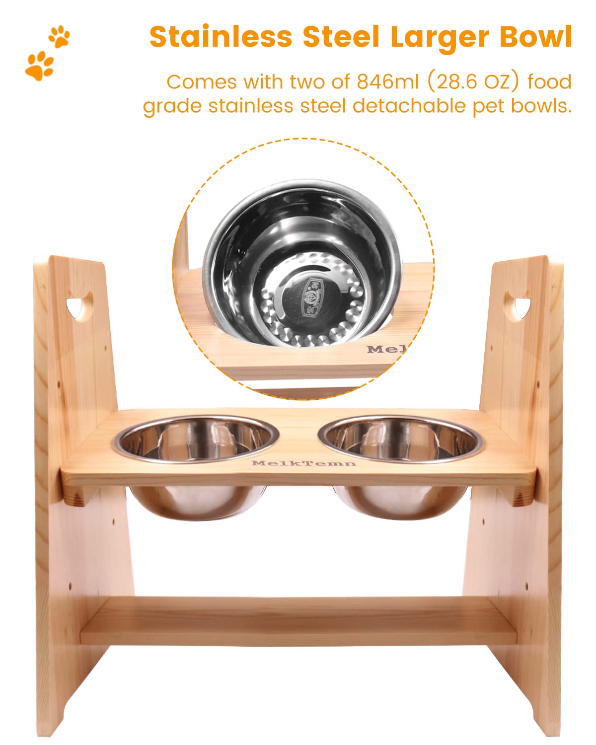 Nature Elevated Dog Bowls 12â€?/ 8â€?/ 3.9â€?, for Large Dogs, Medium and Small Dogs & Cats, Adjustable Pine Wood Raised Dog & Cat Food Bowl Stand, Non-Slip Feet Dog Dish Feeder, 2 Stainless Steel Bowls