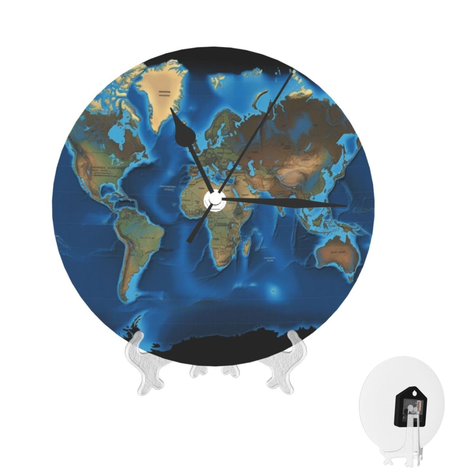 Horloge murale design cuisine et bureau avec grand cadran mappemonde rond