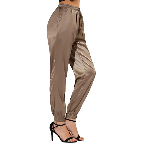 Allegra K Women's Drawstring Elastic Waist Athleisure Pants Casual Ankle Length Satin Joggers with Pocket