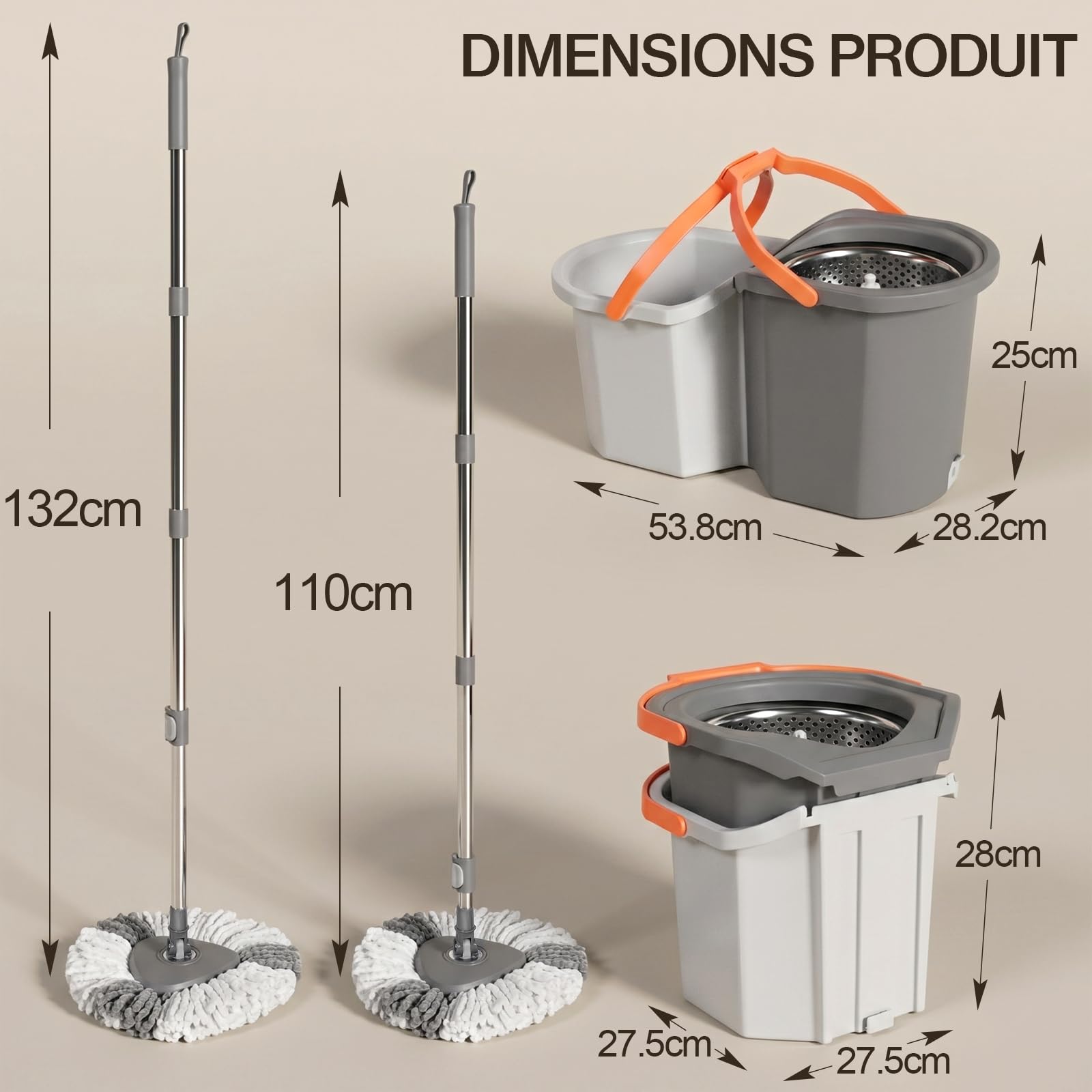 MASTERTOP Ensemble Balai Serpillère et Seau Essoreur - Eau Propre/Eau Sale | Essorage Par Pression, Manche Télescopique Réglable, Tête Rotative à 360° - 2 Housses Microfibres Lavables