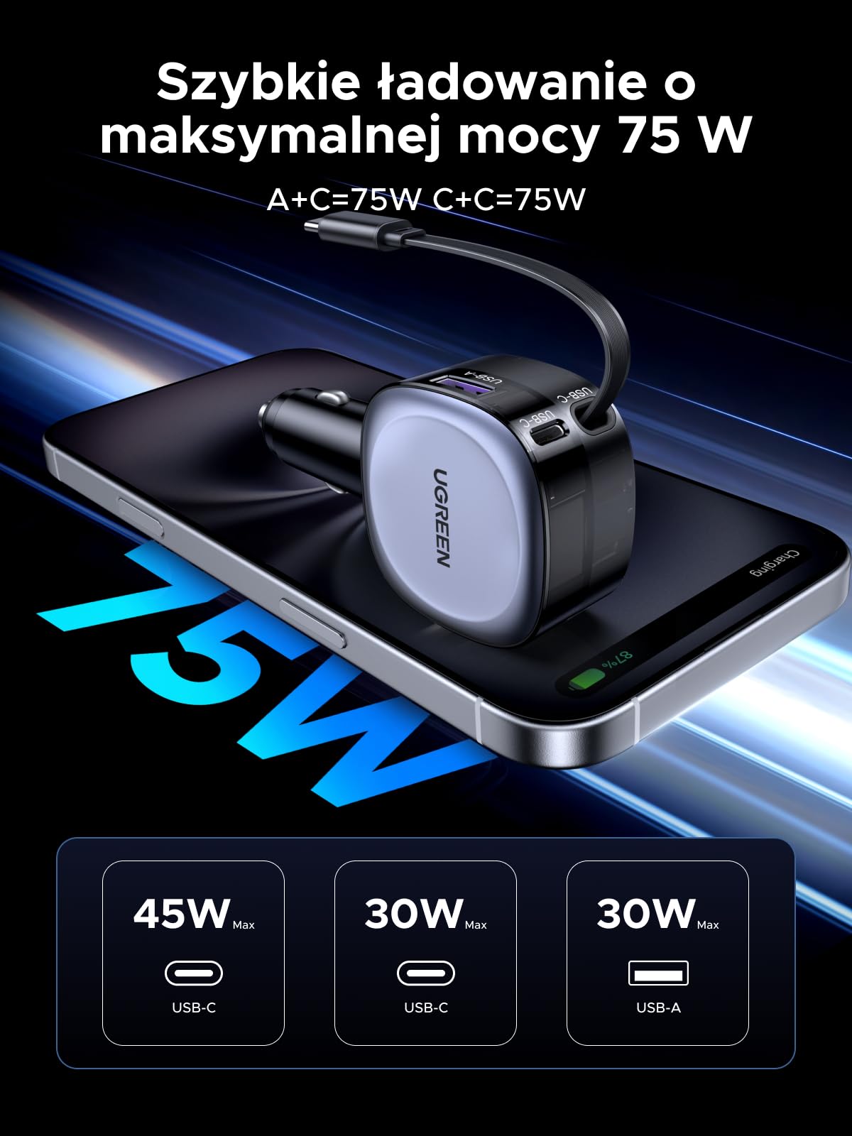 UGREEN Ładowarka USB C 75 W zwijana do zapalniczki samochodowej z kablem | Szybkie ładowanie typu C o mocy 60W, kompatybilne z zasilaniem samochodowym 12V-24v, do komputerów Macbook/iPad/iPhone/Galaxy