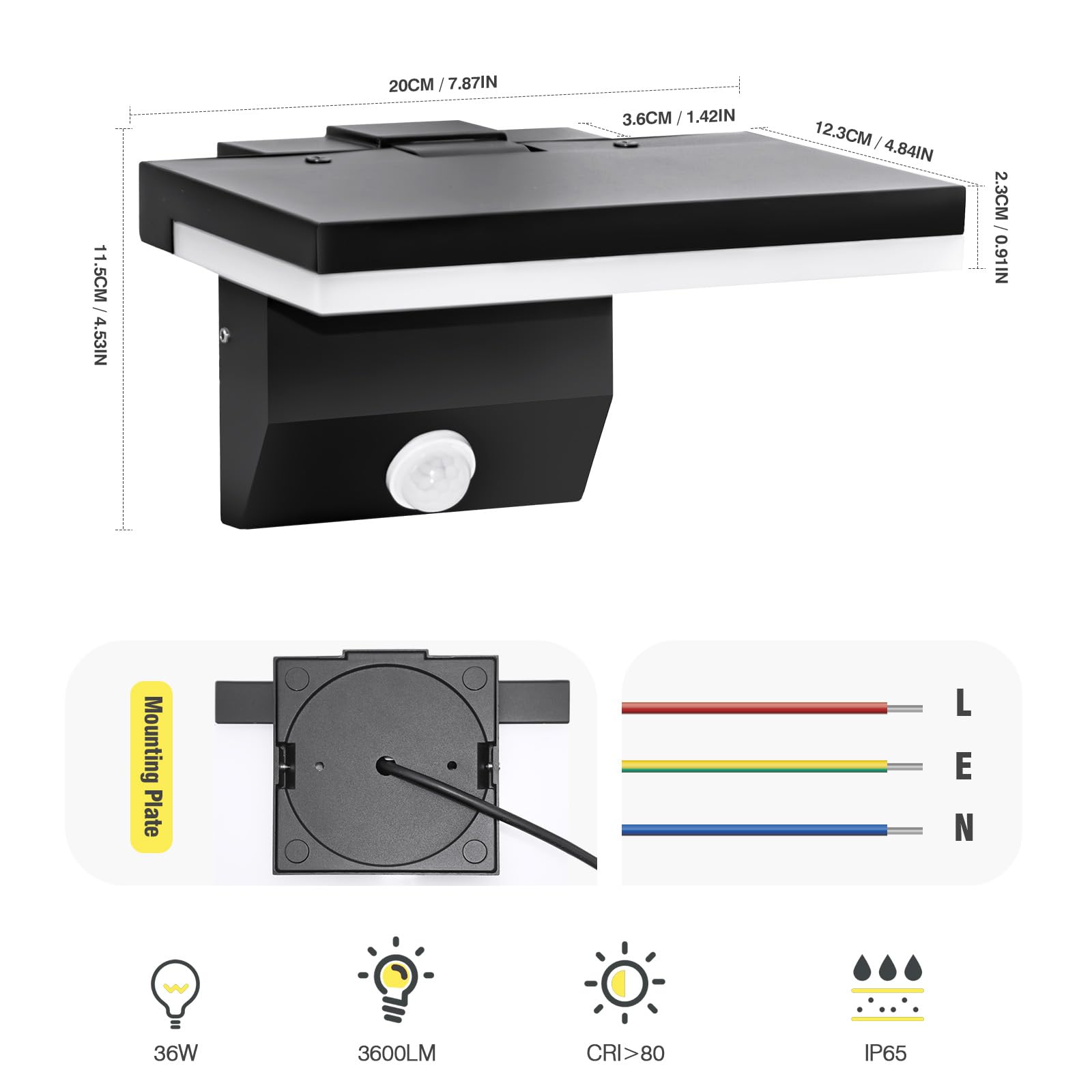 Applique a LED da esterno/interno 36W lampada da parete 3000K | con sensore di movimento luce calda pannello LED orientabile lampada da esterno per patio ingresso giardino balconi, 1pcs