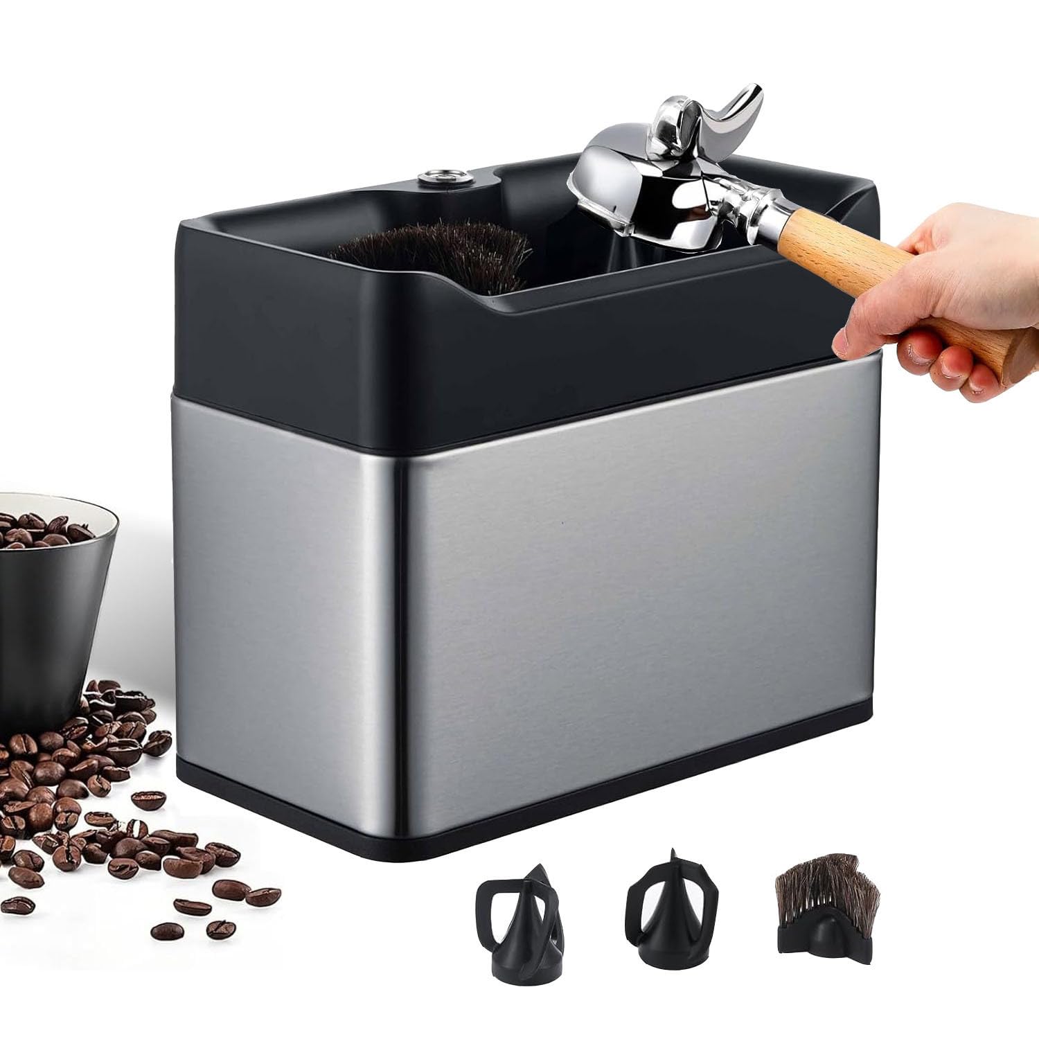 UORDBY Electric Portafilter Cleaning Machine,Espresso Machine Accessories,Electric Espresso Coffee Knock Box,Vitesse de Rotation 300/min Silver