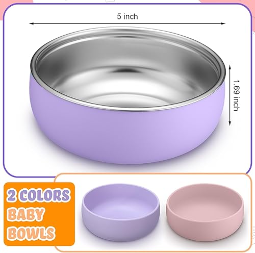 Vista 16 de Nuogo 6 cuencos de acero inoxidable 304 para bebés con carcasa de silicona extraíble para niños pequeños, recipiente antiquemaduras para Color suave