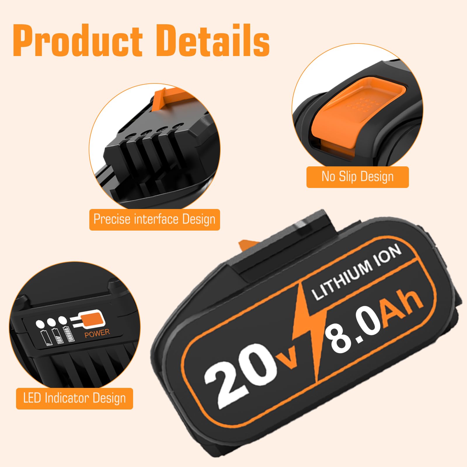 2X 8.0Ah Ersatz für Worx 20V Akku WA3551 WA3553 WA3553.2 WA3557 WA3572 WA3641 WA3760 WA3881 WX166.4 WX176 WX372.1 WX390WG629E
