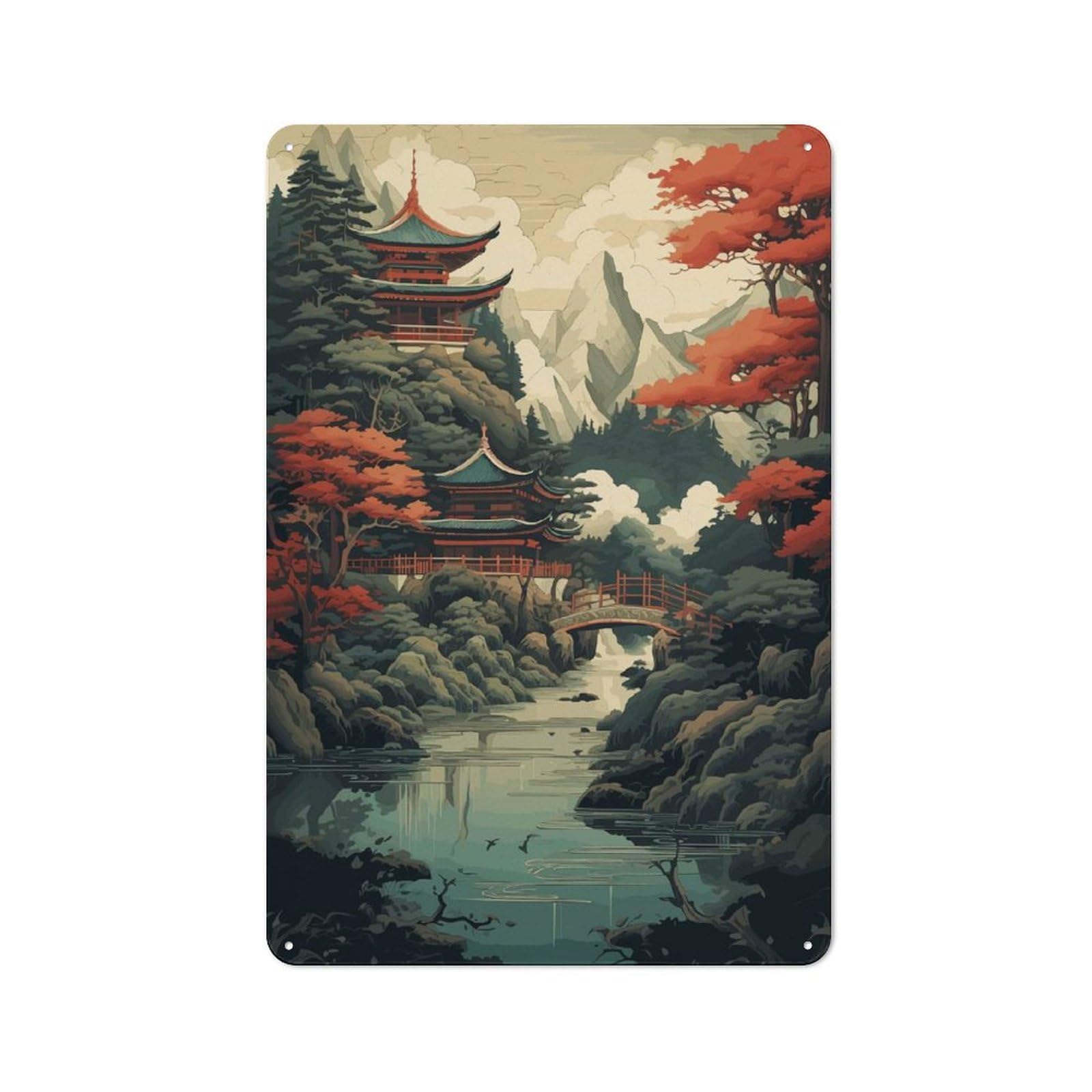 Japanese Landscape Clean Industrial Metal Wall Decor 30x20cm, Decorative Metal Plaque for Workspace, Cafe, Hallway Or Garage