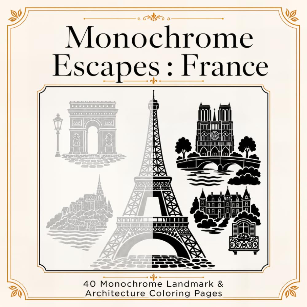 Monochrome Escapes : France: 40 Monochrome Landmark and Architecture Coloring Pages Inspires by Paris , Versailles, Louvre and Other French Icons