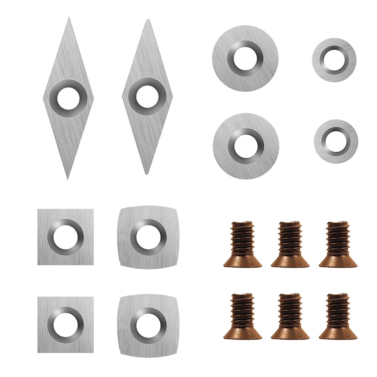 DEEFIINE 10Pcs Tungsten Carbide Cutters Inserts Set with 6pcs Screws for Woodturning Tools(Include 11mm Square, 11mm Square with Radius R50, 12mm and 8.9mm Round,30x10mm Diamond with Sharp Point)