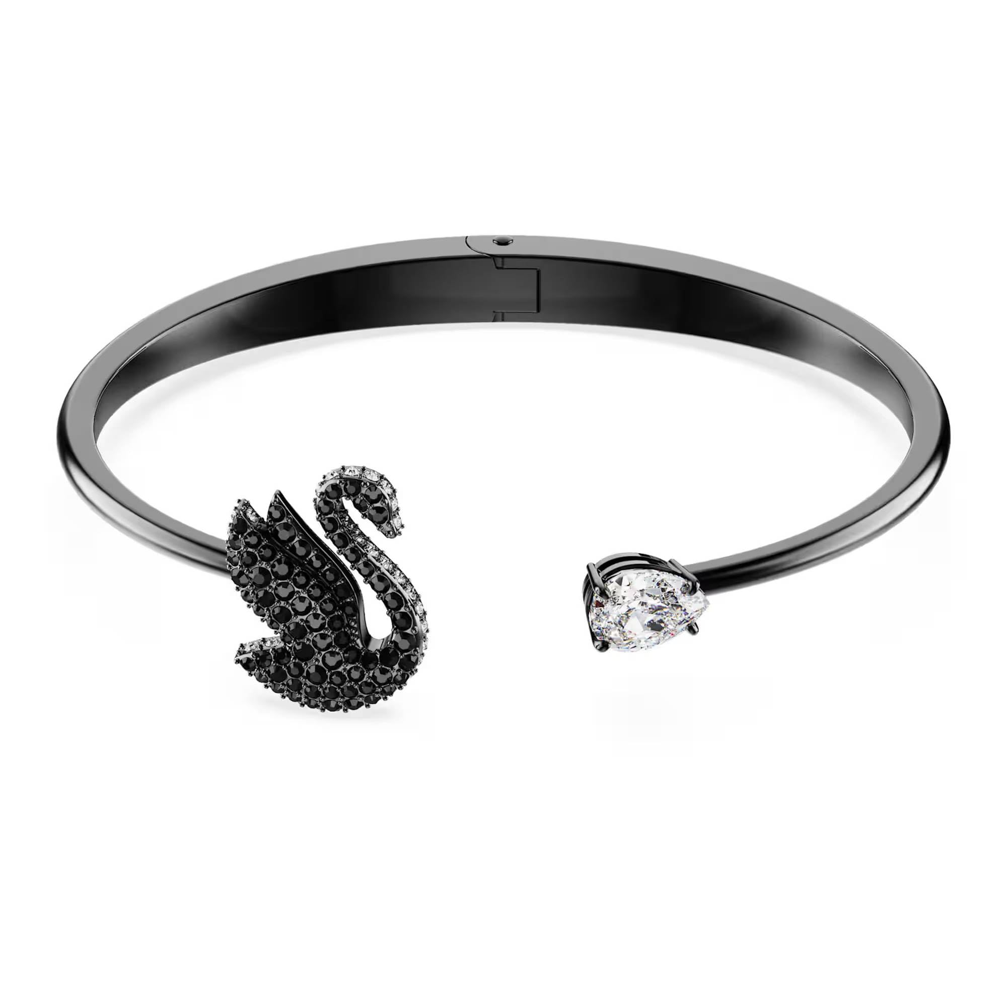 Swarovski Swan Ruthenium überzogener Armreif für Damen, Größe M, Schwarz, Medium, Kristall, Kein Edelstein