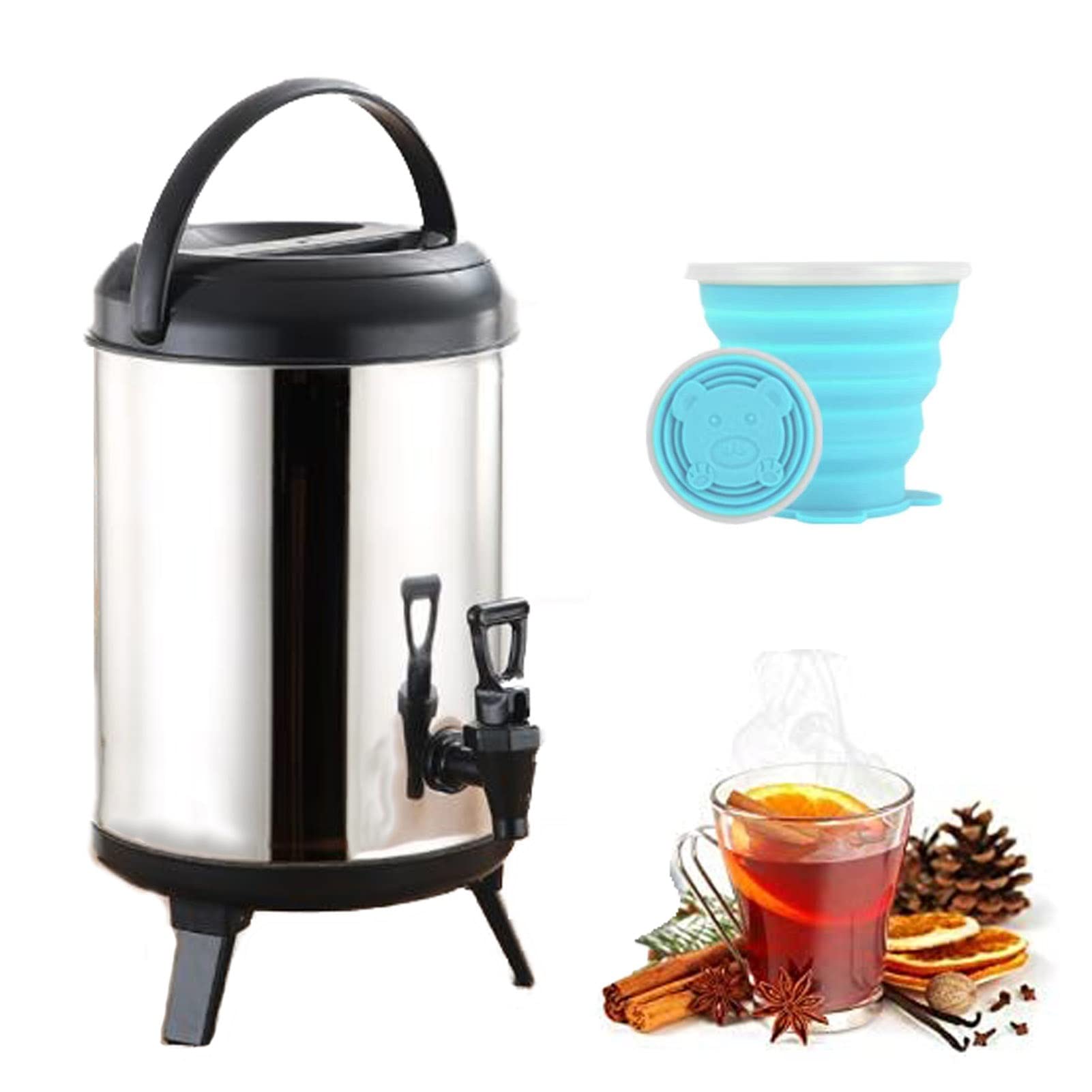 Distributeur d'eau, distributeur boissons commerciales avec 1 tasse pliable, seau isolant pour thé au lait acier inoxydable 304, distributeur boissons chaudes et froides, conteneur isolé pour urne