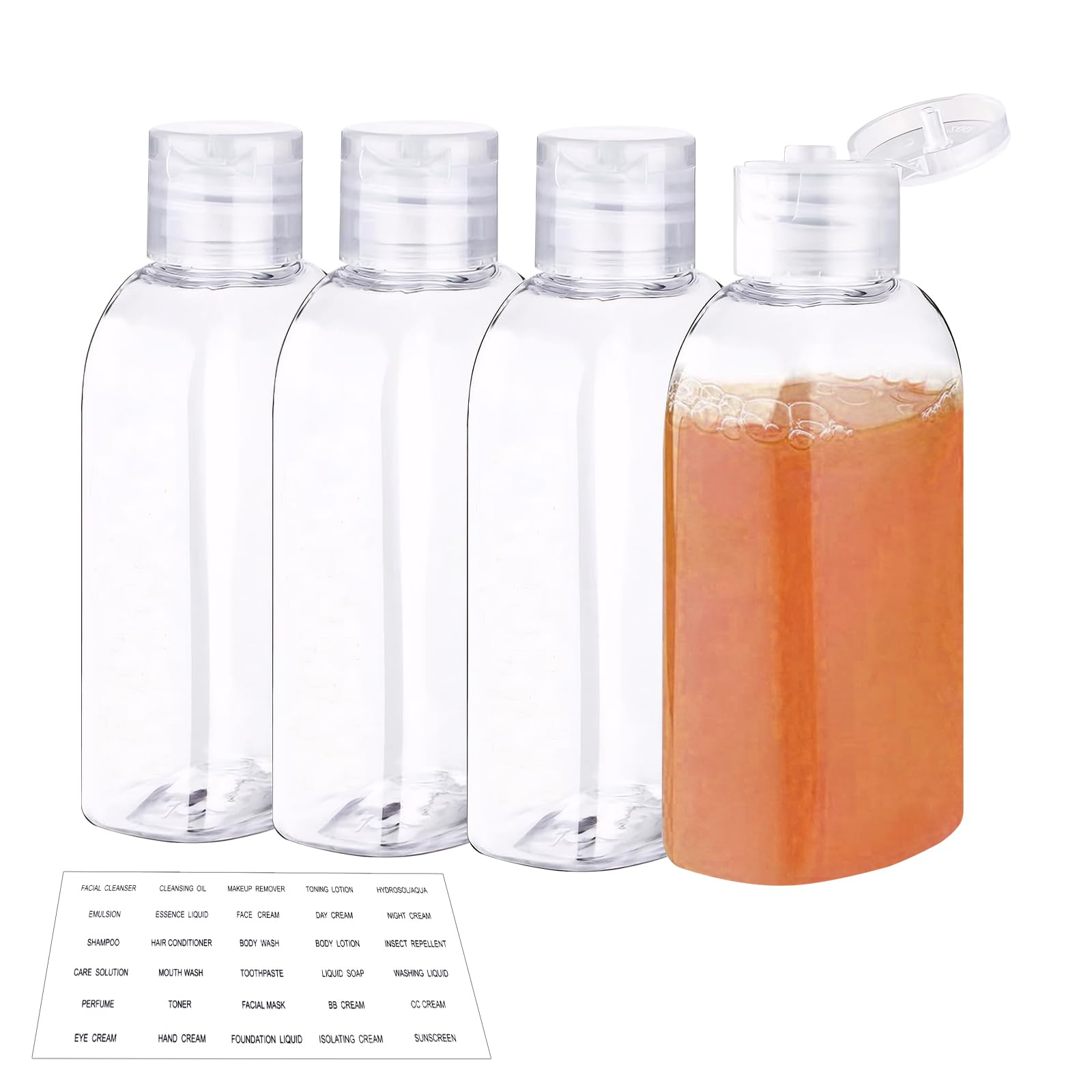 Marjoramy Travel Bottles for Toiletries 3.4oz/100ml,Leak Proof Squeeze Bottles with Flip Cap,Clear Plastic Empty Containers,Refillable Liquid Containers with Label for Lotion Shampoo Conditioner (4)